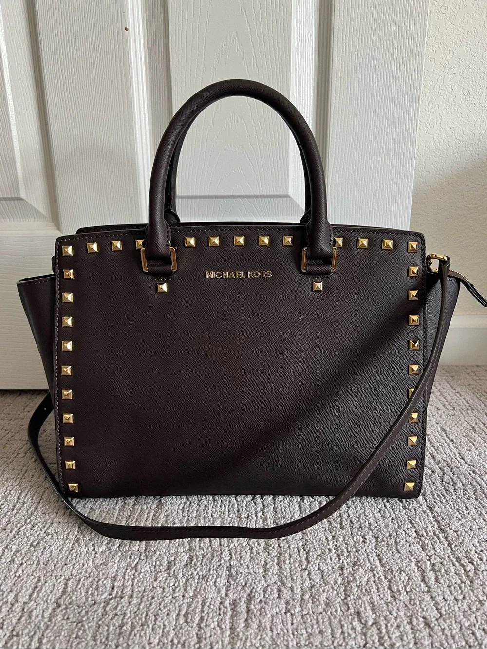 Michael Kors Dark Brown Saffiano Studded Tote with Gold Hardware